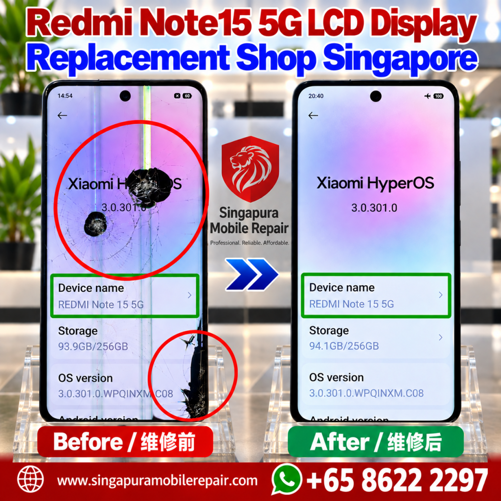 Before and after comparison of a cracked Redmi Note 15 5G LCD display repaired at our Singapore shop, showing Xiaomi HyperOS working perfectly.