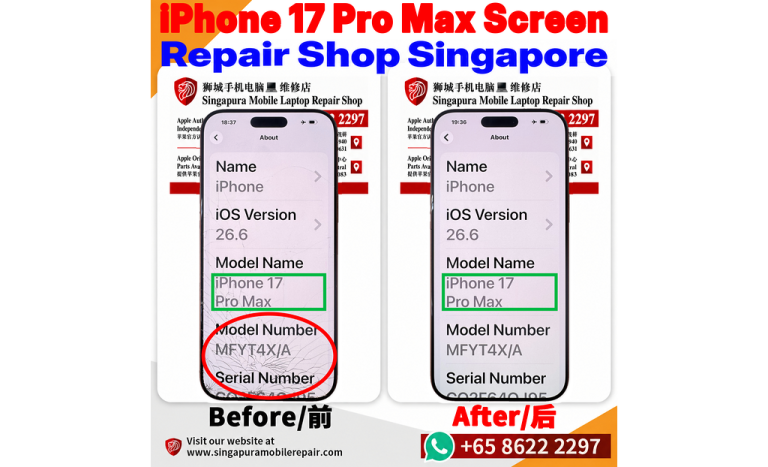 iPhone 17 Pro Max cracked screen repair before and after in Singapore