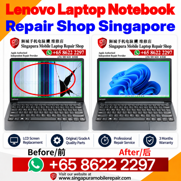 Lenovo laptop cracked LCD screen repair before and after in Singapore