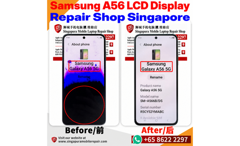 Samsung Galaxy A56 5G with purple and black screen damage before repair and a clear display after repair
